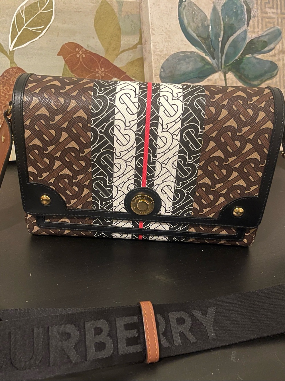 Burberry Brown Monogram Messenger Bag with Black Trim and Red-White Stripe